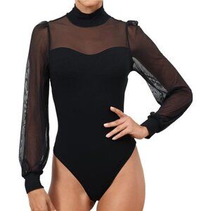 Women's Bodysuit with Sleeves, Mesh Upper Body Suits for Women